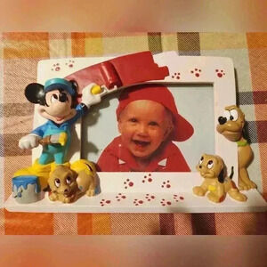 Vintage Disney picture frame Mickey painter and puppies Holds 3.5 in X 5 in pic.